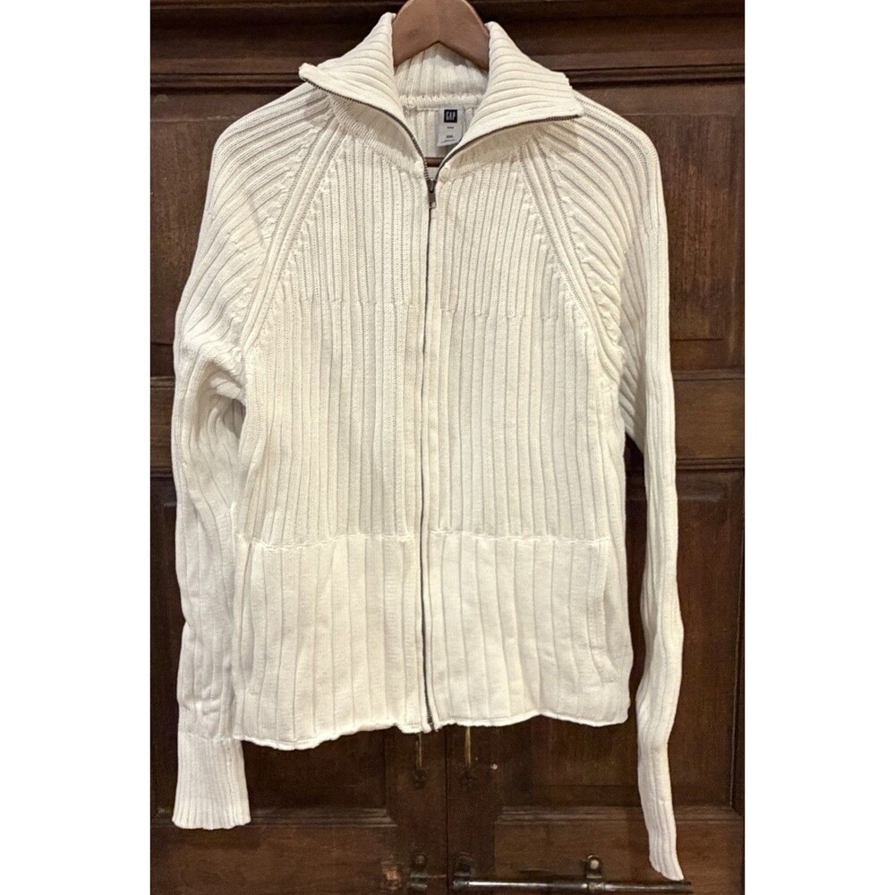 Vintage GAP White Full Zip Knit Cardigan Stand Up Collar Pockets Size XXL